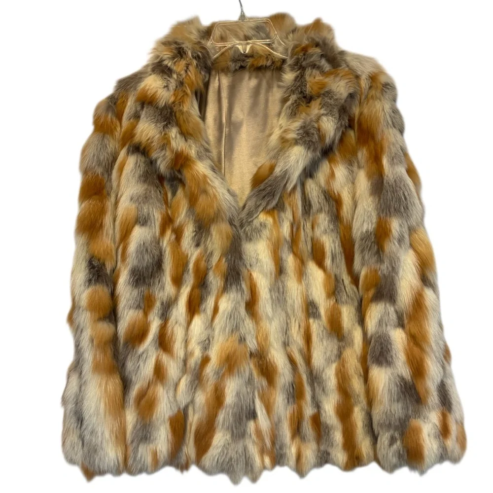 Vintage Fur Coat Multicolor Patchwork 70s 80s Ivory Beige Brown Gray Size Large - Picture 9 of 14